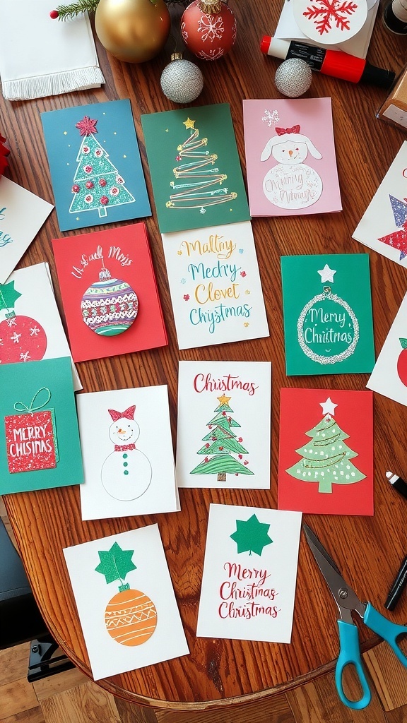 Handmade Christmas cards with various designs on a wooden table, surrounded by crafting supplies.